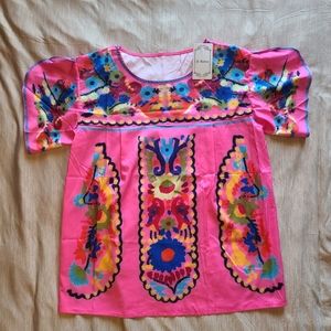 NWT E Retro Boho Ethnic Women's Pink Floral Short Sleeve Slit Tunic Top Size L